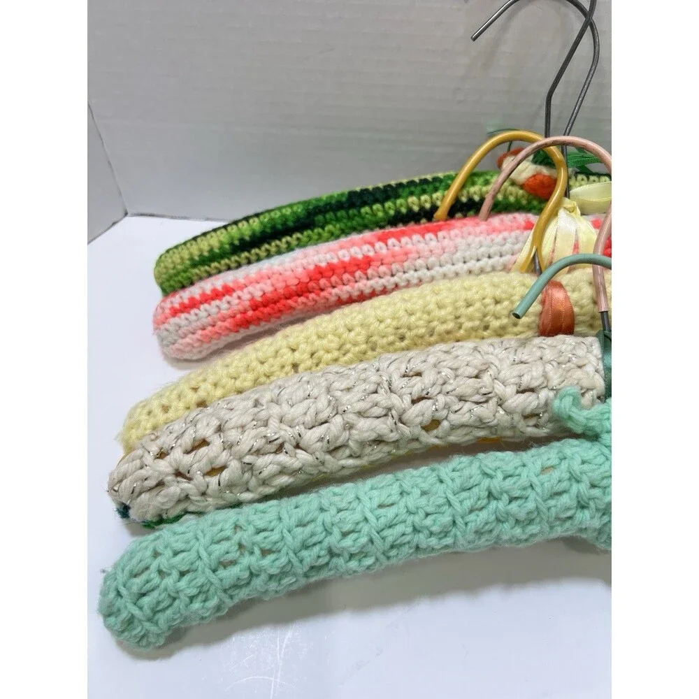 Vintage 1970s Crocheted Wood Hangers Set of 5 Green Yellow Pink Mod MCM 16.5
